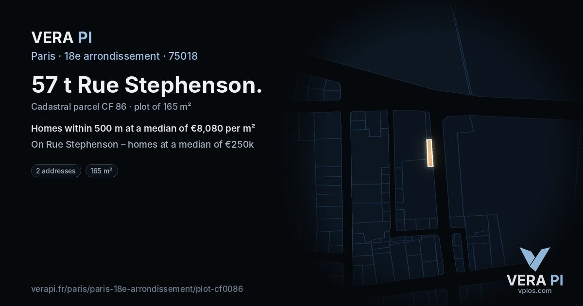 57 t Rue Stephenson, 18e arrondissement at night – the plot lit, the parcels around coloured by the prices near them