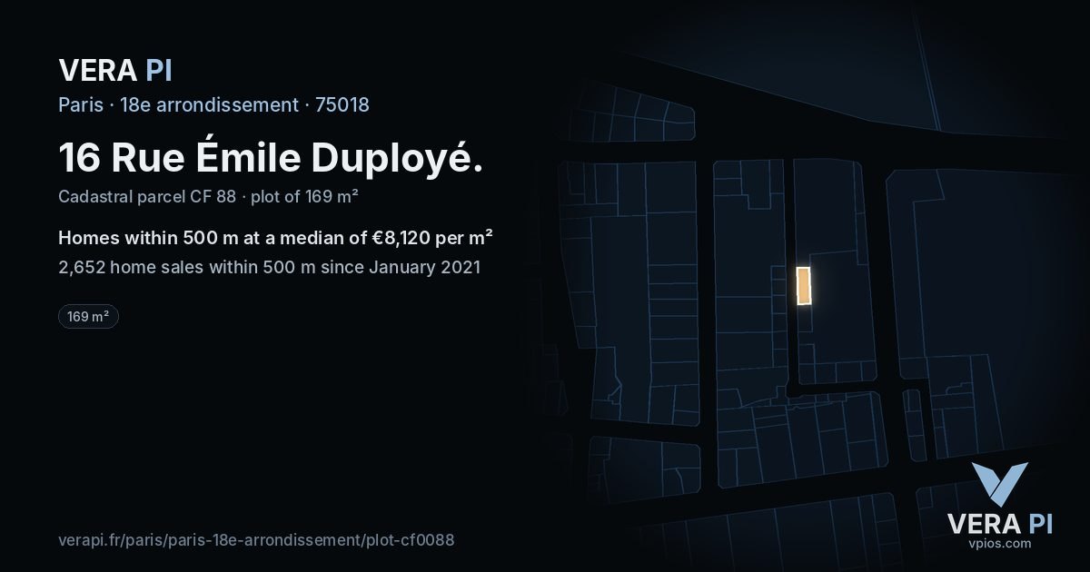 16 Rue Émile Duployé, 18e arrondissement at night – the plot lit, the parcels around coloured by the prices near them
