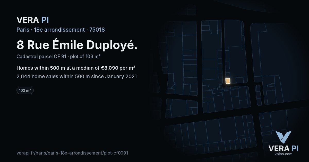 8 Rue Émile Duployé, 18e arrondissement at night – the plot lit, the parcels around coloured by the prices near them