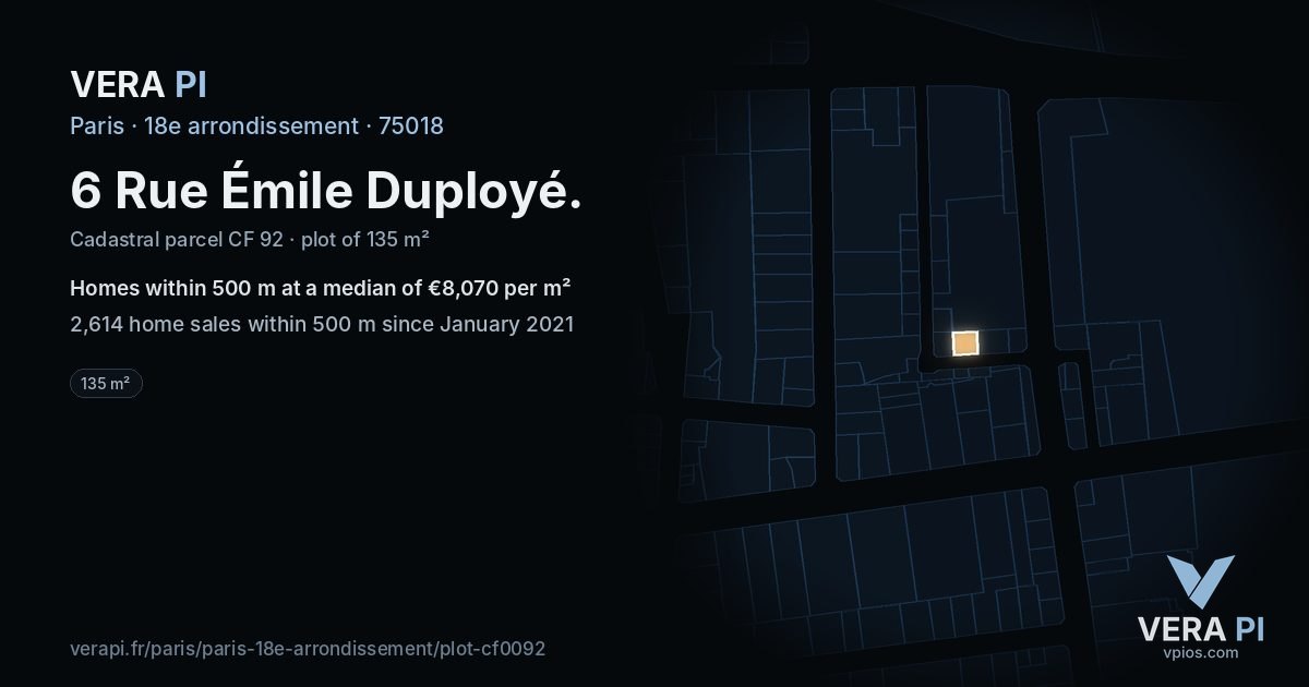 6 Rue Émile Duployé, 18e arrondissement at night – the plot lit, the parcels around coloured by the prices near them