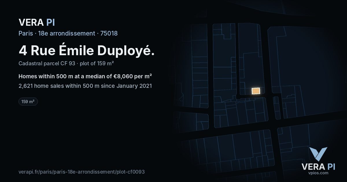 4 Rue Émile Duployé, 18e arrondissement at night – the plot lit, the parcels around coloured by the prices near them
