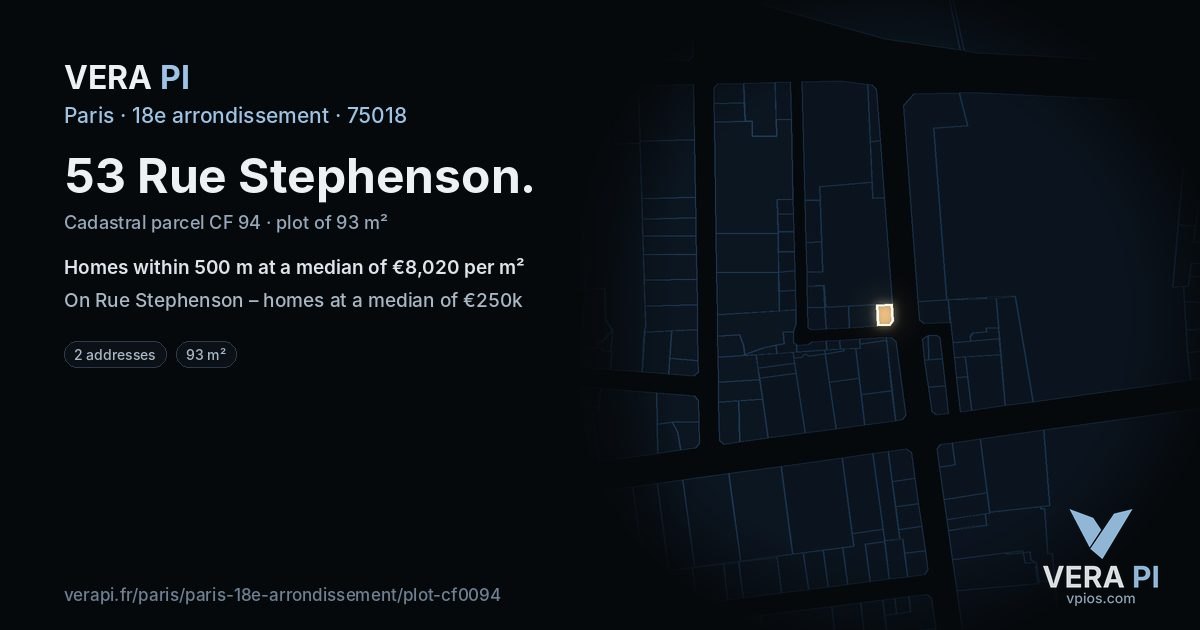 53 Rue Stephenson, 18e arrondissement at night – the plot lit, the parcels around coloured by the prices near them