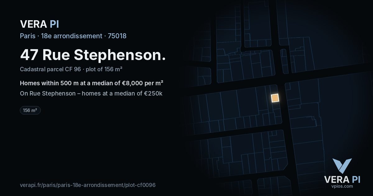 47 Rue Stephenson, 18e arrondissement at night – the plot lit, the parcels around coloured by the prices near them