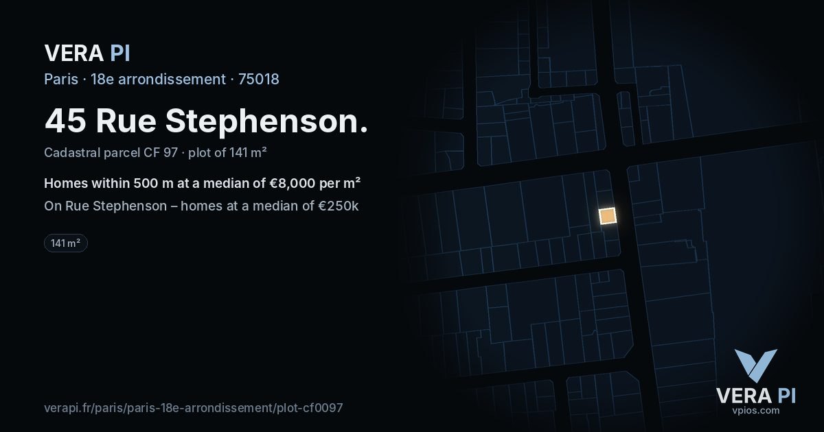 45 Rue Stephenson, 18e arrondissement at night – the plot lit, the parcels around coloured by the prices near them