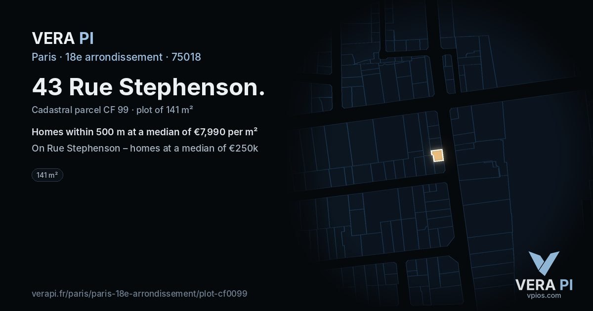43 Rue Stephenson, 18e arrondissement at night – the plot lit, the parcels around coloured by the prices near them