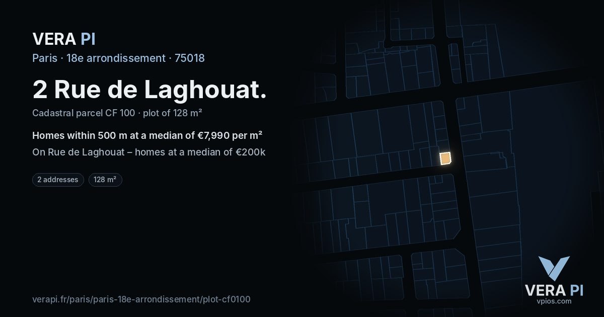 2 Rue de Laghouat, 18e arrondissement at night – the plot lit, the parcels around coloured by the prices near them