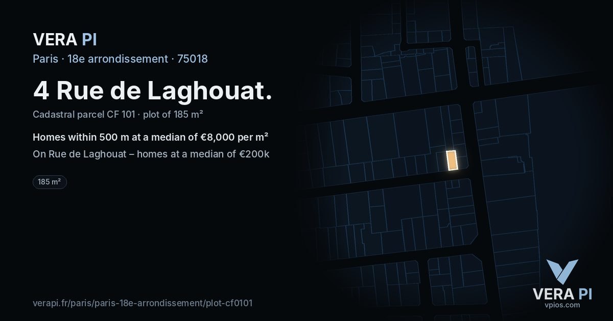 4 Rue de Laghouat, 18e arrondissement at night – the plot lit, the parcels around coloured by the prices near them