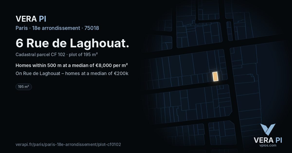 6 Rue de Laghouat, 18e arrondissement at night – the plot lit, the parcels around coloured by the prices near them