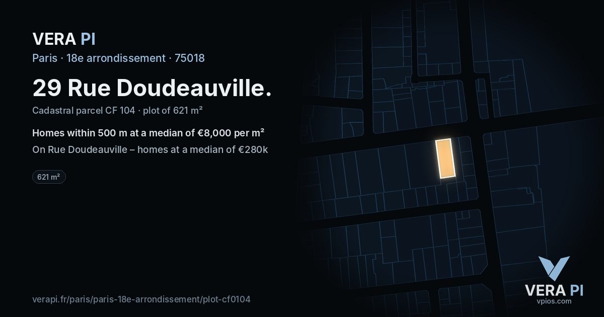 29 Rue Doudeauville, 18e arrondissement at night – the plot lit, the parcels around coloured by the prices near them