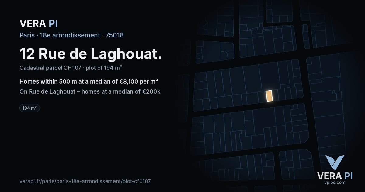 12 Rue de Laghouat, 18e arrondissement at night – the plot lit, the parcels around coloured by the prices near them