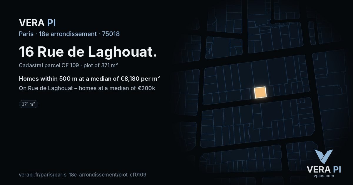 16 Rue de Laghouat, 18e arrondissement at night – the plot lit, the parcels around coloured by the prices near them
