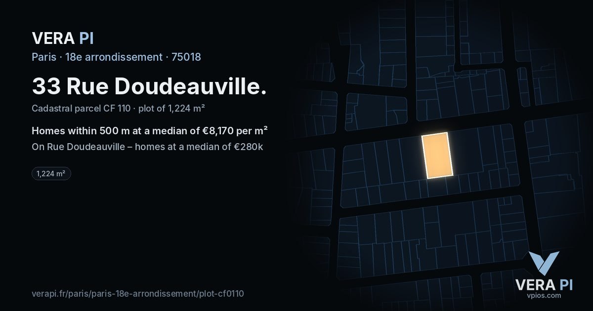 33 Rue Doudeauville, 18e arrondissement at night – the plot lit, the parcels around coloured by the prices near them