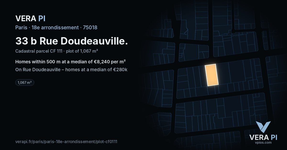 33 b Rue Doudeauville, 18e arrondissement at night – the plot lit, the parcels around coloured by the prices near them