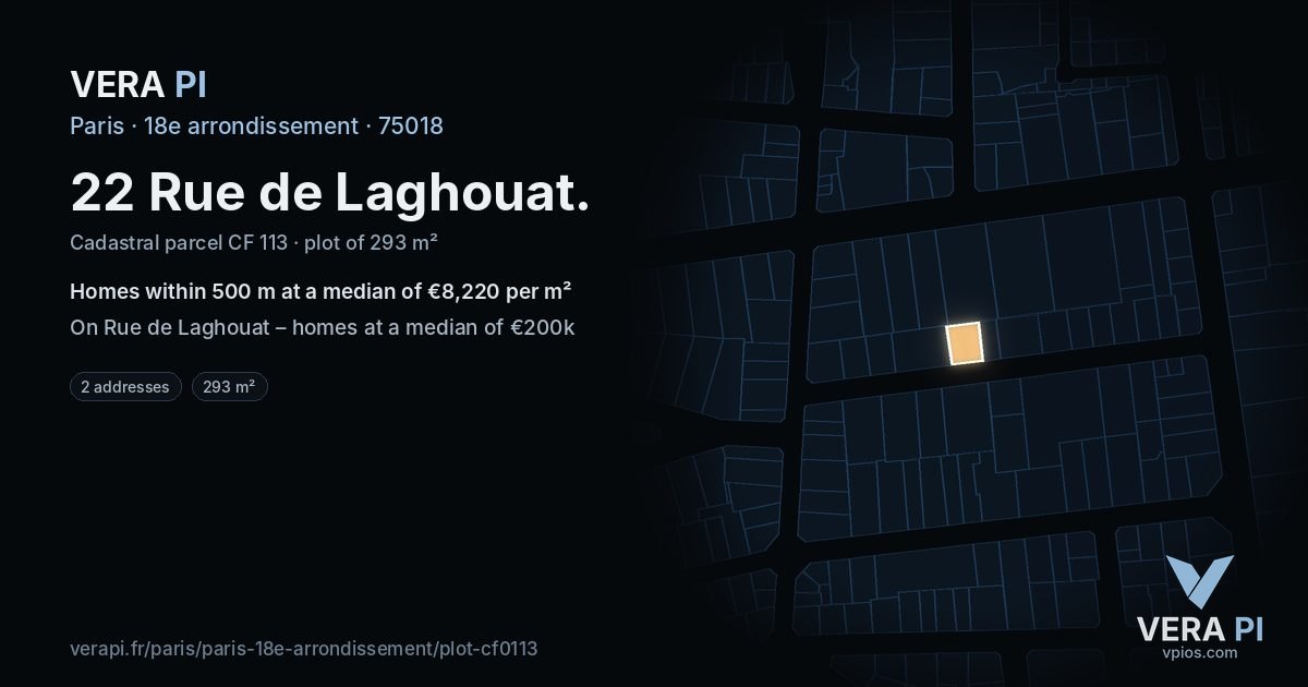 22 Rue de Laghouat, 18e arrondissement at night – the plot lit, the parcels around coloured by the prices near them