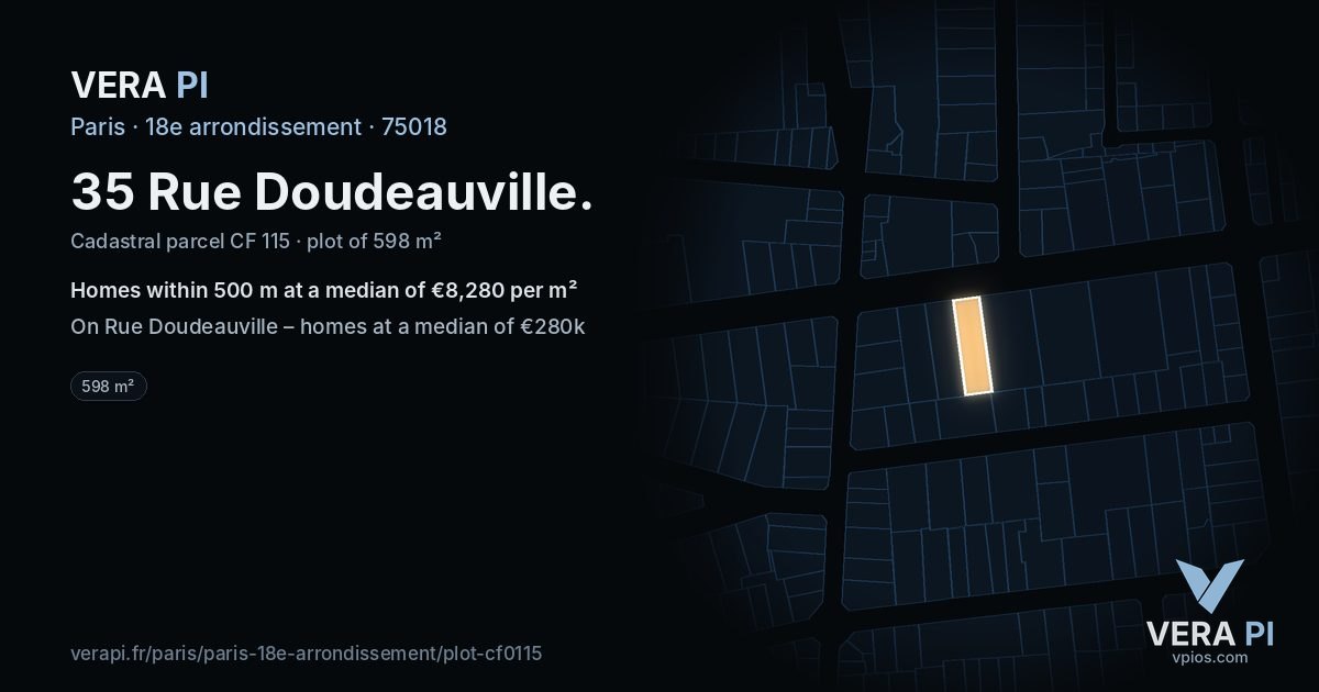 35 Rue Doudeauville, 18e arrondissement at night – the plot lit, the parcels around coloured by the prices near them