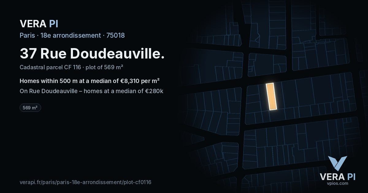 37 Rue Doudeauville, 18e arrondissement at night – the plot lit, the parcels around coloured by the prices near them