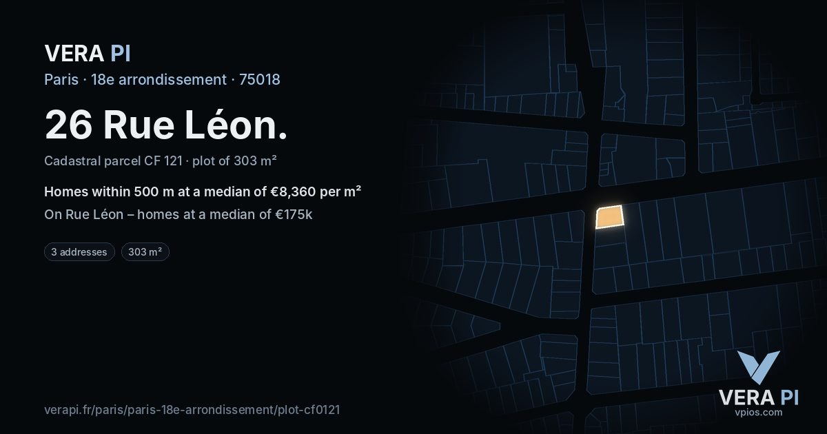 26 Rue Léon, 18e arrondissement at night – the plot lit, the parcels around coloured by the prices near them