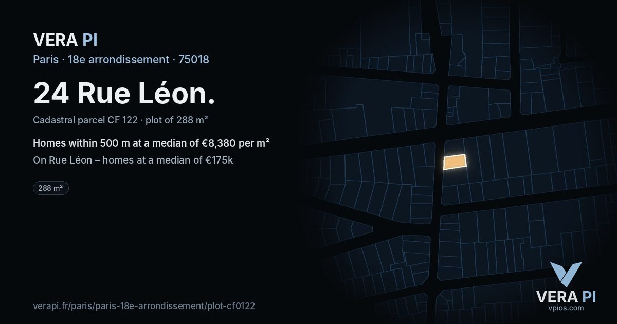 24 Rue Léon, 18e arrondissement at night – the plot lit, the parcels around coloured by the prices near them