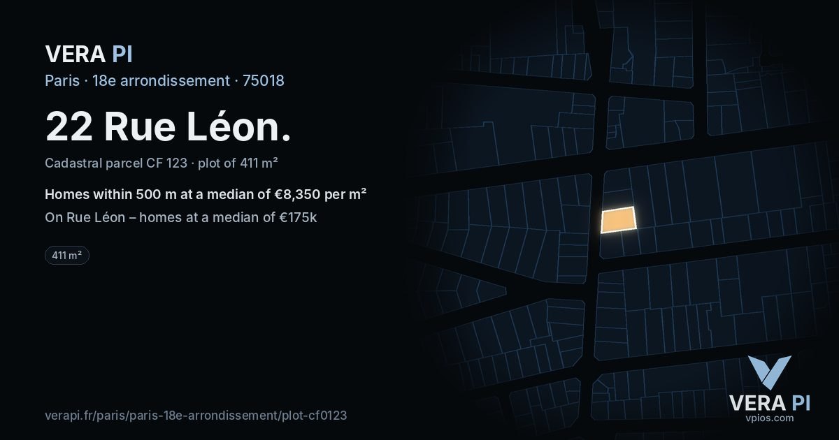 22 Rue Léon, 18e arrondissement at night – the plot lit, the parcels around coloured by the prices near them