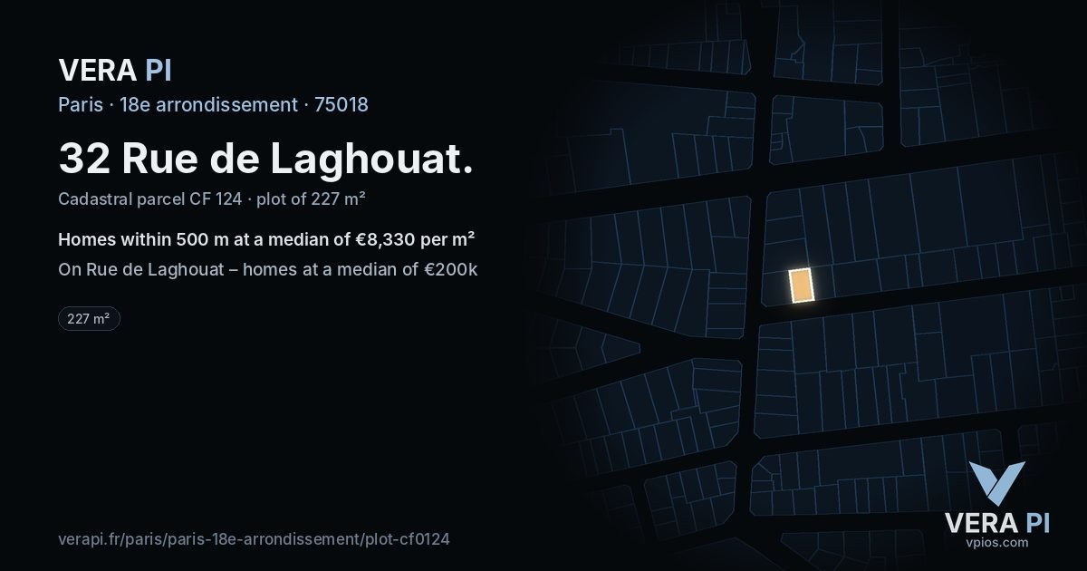 32 Rue de Laghouat, 18e arrondissement at night – the plot lit, the parcels around coloured by the prices near them