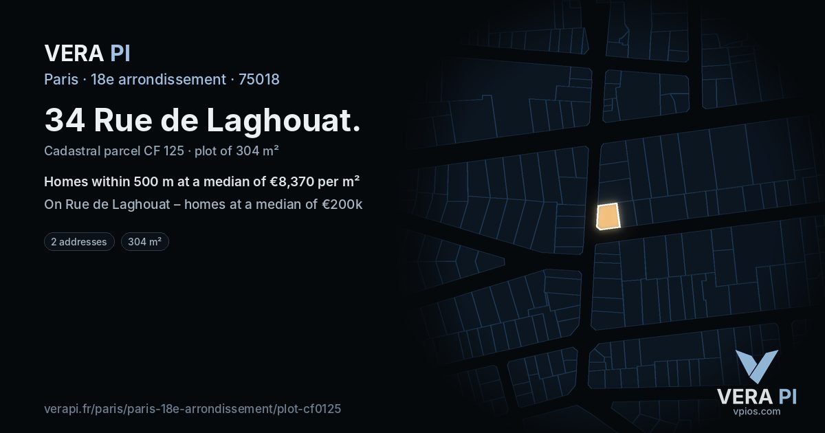 34 Rue de Laghouat, 18e arrondissement at night – the plot lit, the parcels around coloured by the prices near them