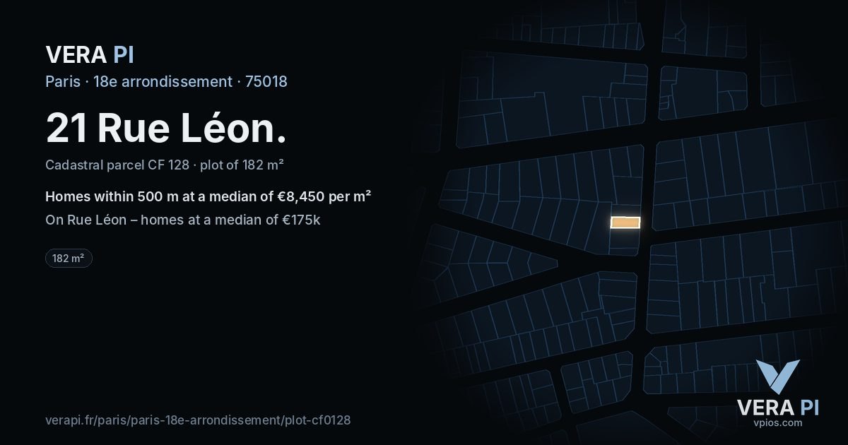 21 Rue Léon, 18e arrondissement at night – the plot lit, the parcels around coloured by the prices near them