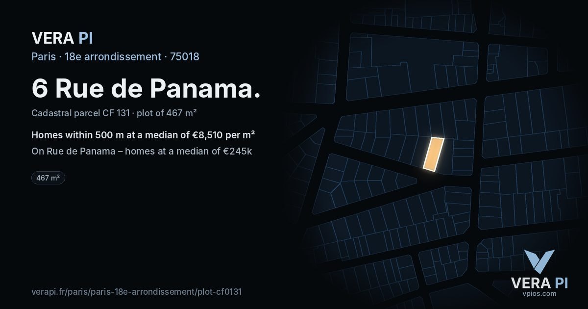 6 Rue de Panama, 18e arrondissement at night – the plot lit, the parcels around coloured by the prices near them