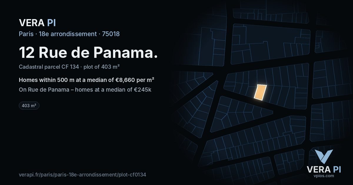 12 Rue de Panama, 18e arrondissement at night – the plot lit, the parcels around coloured by the prices near them