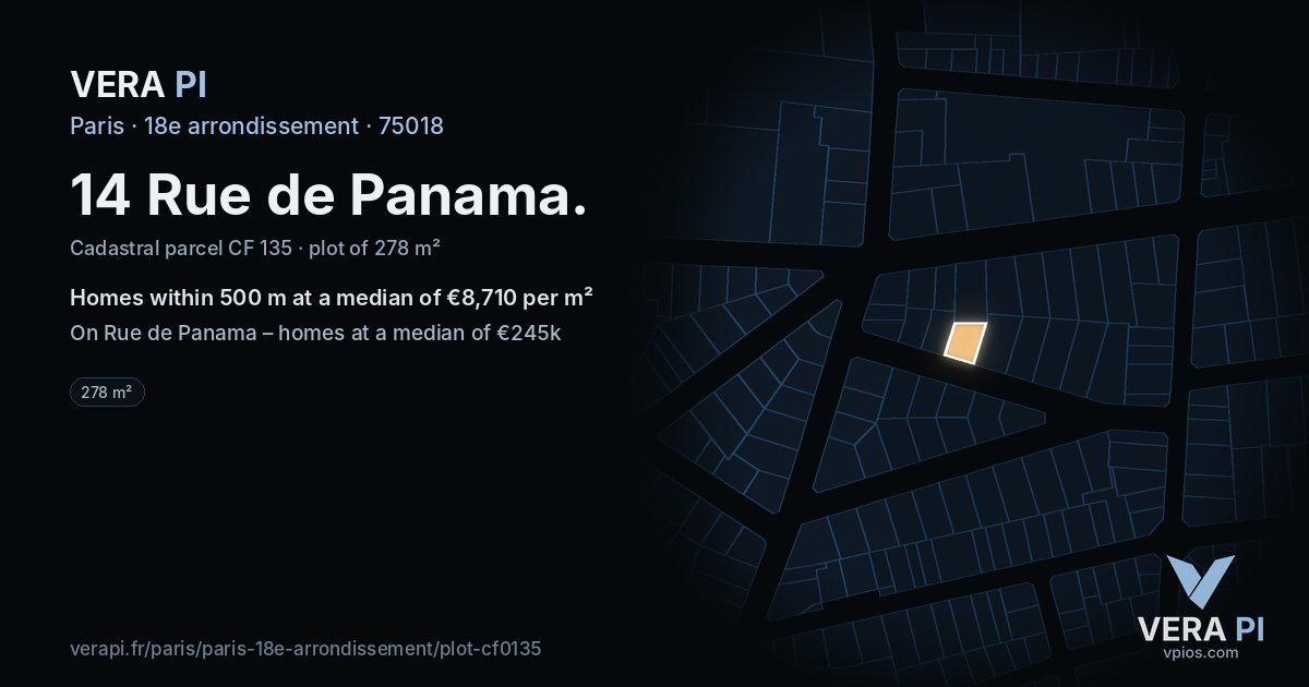 14 Rue de Panama, 18e arrondissement at night – the plot lit, the parcels around coloured by the prices near them