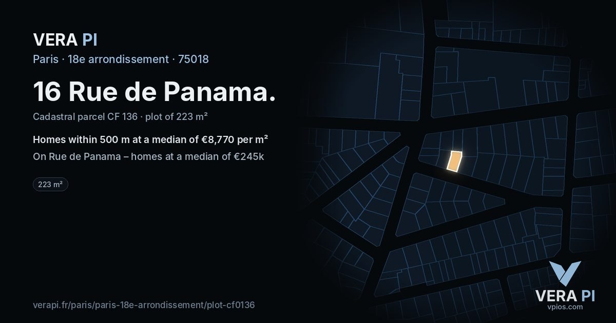 16 Rue de Panama, 18e arrondissement at night – the plot lit, the parcels around coloured by the prices near them