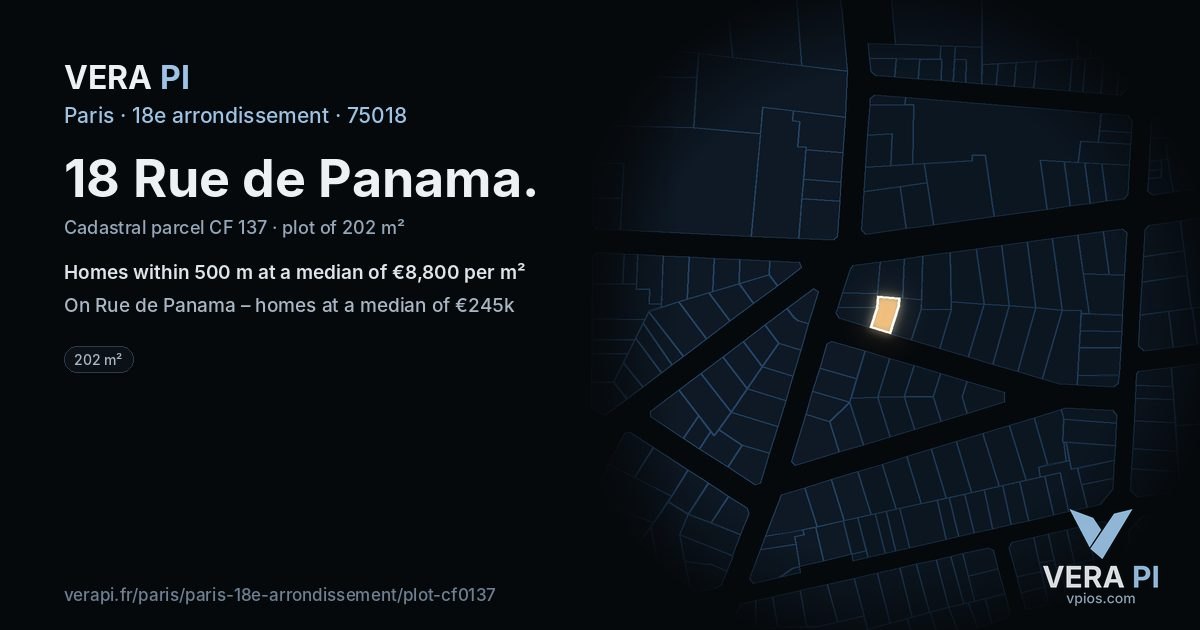 18 Rue de Panama, 18e arrondissement at night – the plot lit, the parcels around coloured by the prices near them