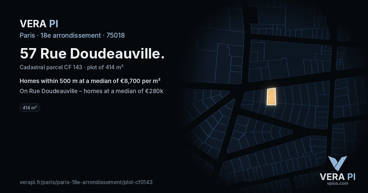 57 Rue Doudeauville, 18e arrondissement at night – the plot lit, the parcels around coloured by the prices near them