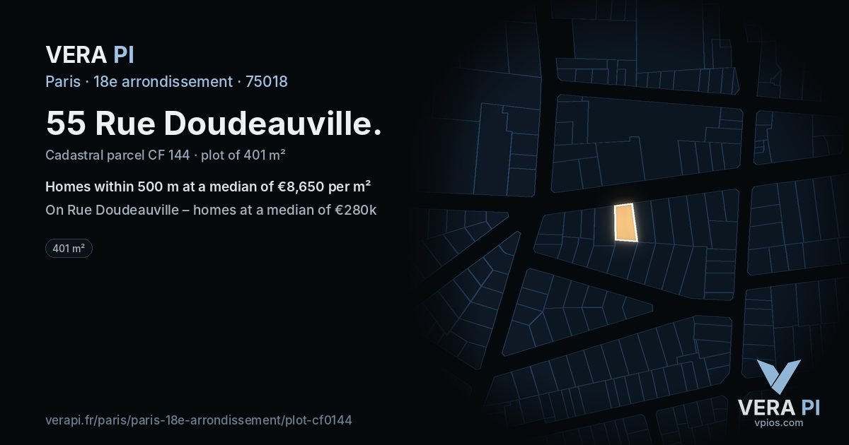 55 Rue Doudeauville, 18e arrondissement at night – the plot lit, the parcels around coloured by the prices near them