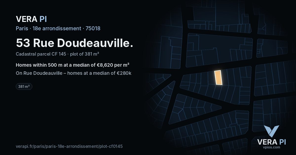 53 Rue Doudeauville, 18e arrondissement at night – the plot lit, the parcels around coloured by the prices near them