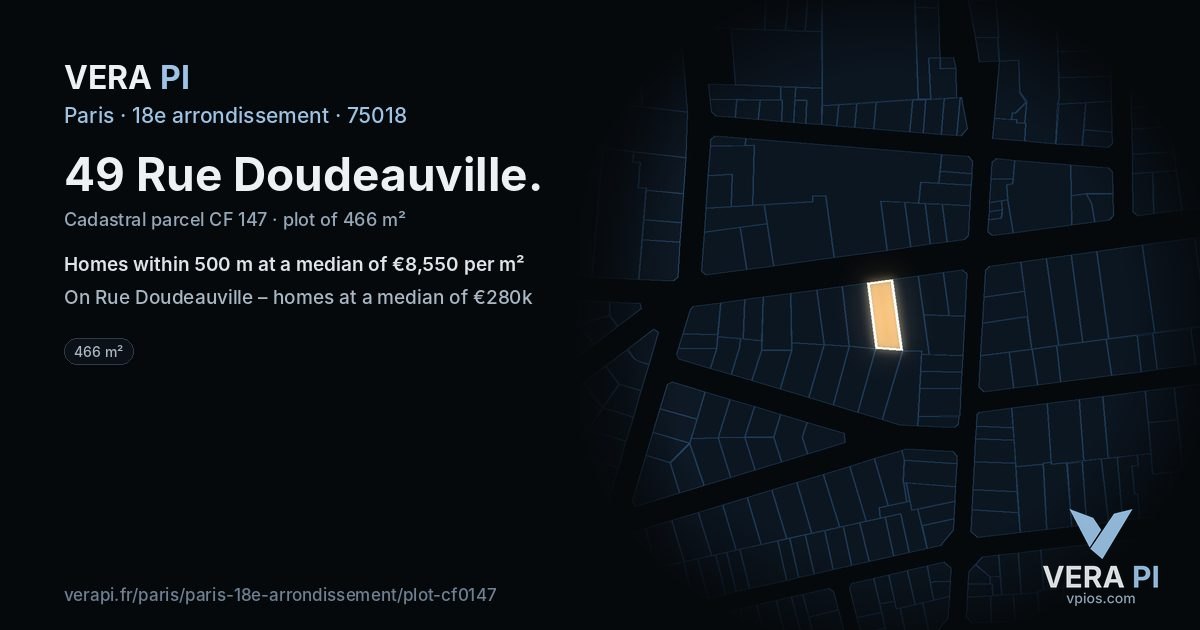 49 Rue Doudeauville, 18e arrondissement at night – the plot lit, the parcels around coloured by the prices near them