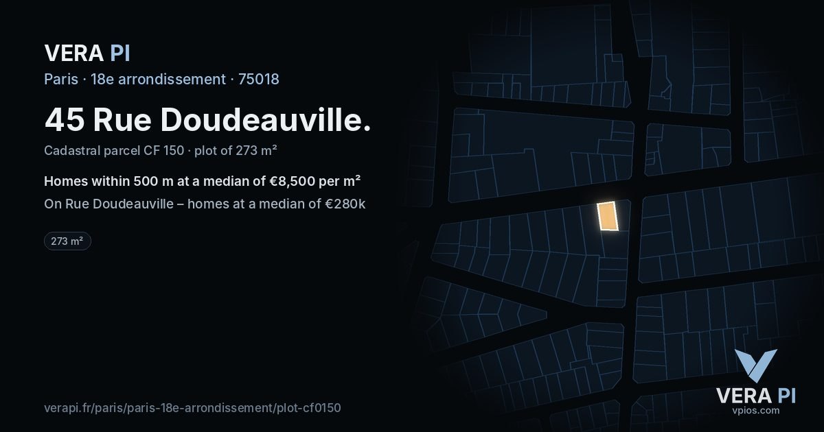 45 Rue Doudeauville, 18e arrondissement at night – the plot lit, the parcels around coloured by the prices near them