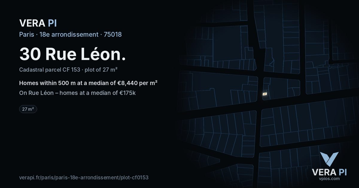 30 Rue Léon, 18e arrondissement at night – the plot lit, the parcels around coloured by the prices near them