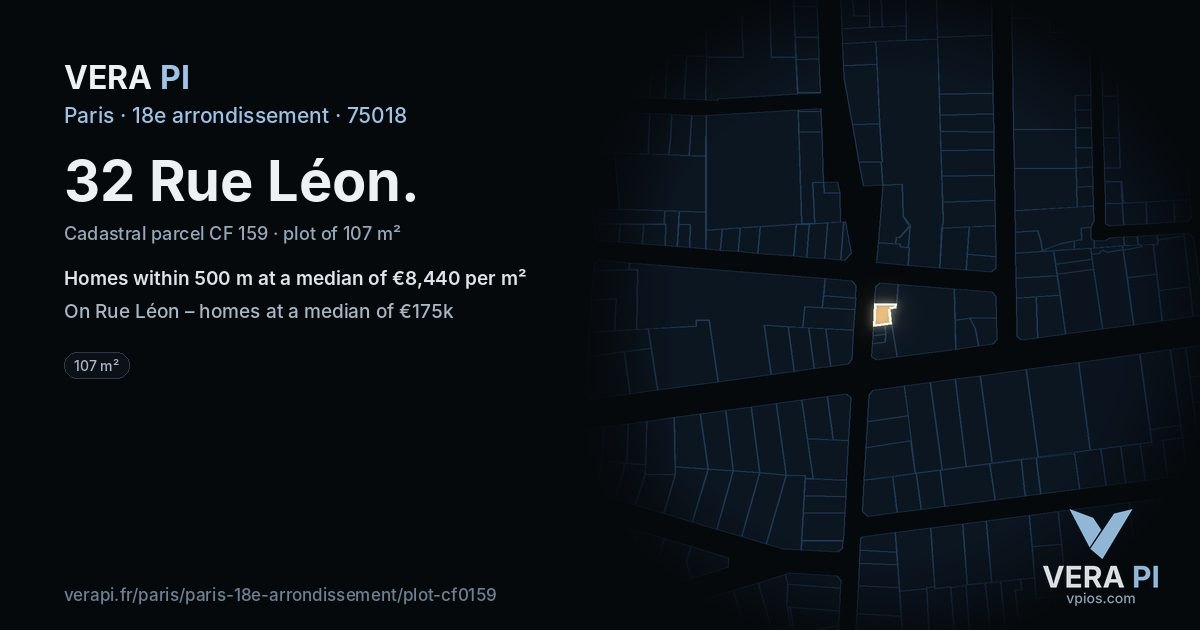 32 Rue Léon, 18e arrondissement at night – the plot lit, the parcels around coloured by the prices near them