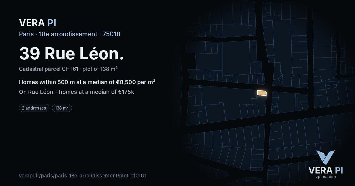 39 Rue Léon, 18e arrondissement at night – the plot lit, the parcels around coloured by the prices near them