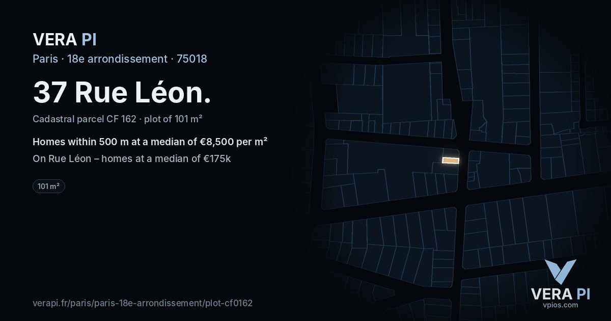 37 Rue Léon, 18e arrondissement at night – the plot lit, the parcels around coloured by the prices near them
