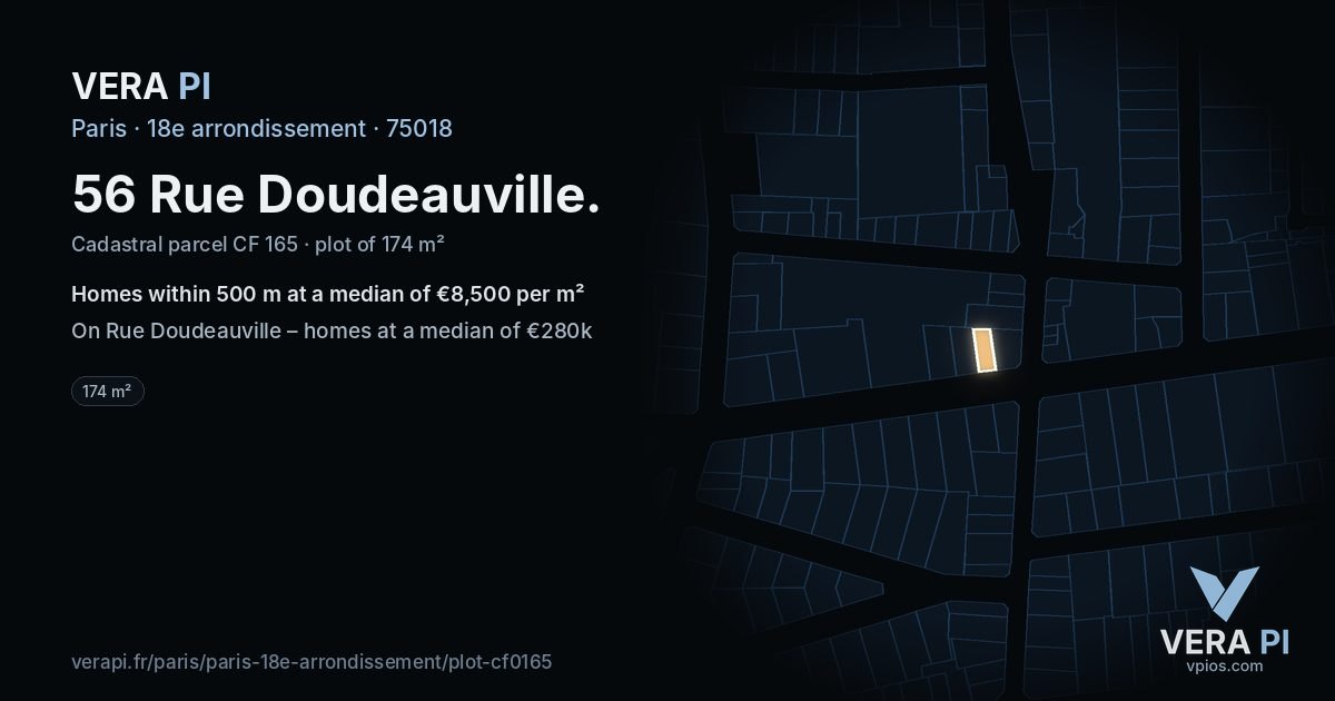 56 Rue Doudeauville, 18e arrondissement at night – the plot lit, the parcels around coloured by the prices near them