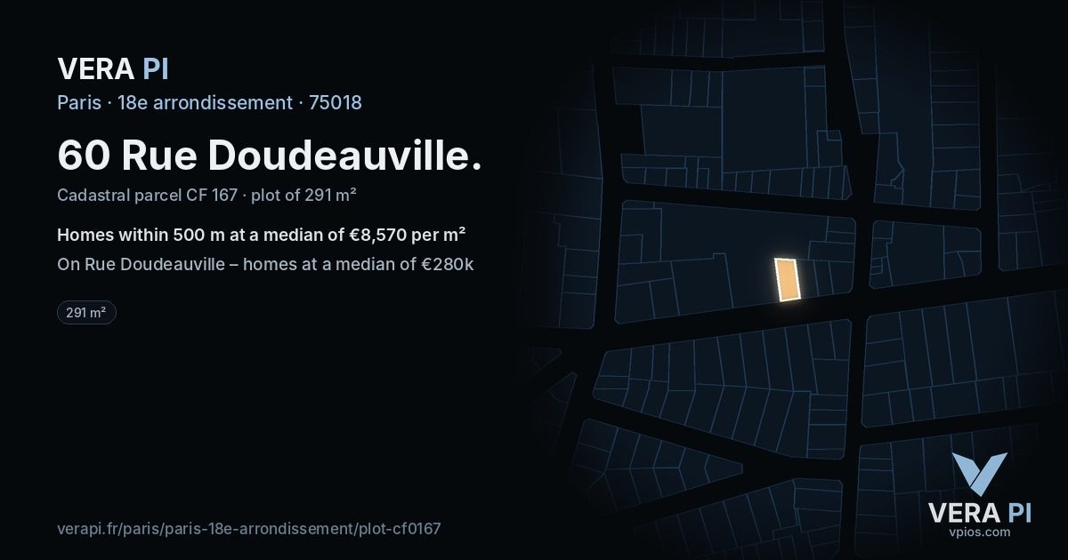 60 Rue Doudeauville, 18e arrondissement at night – the plot lit, the parcels around coloured by the prices near them