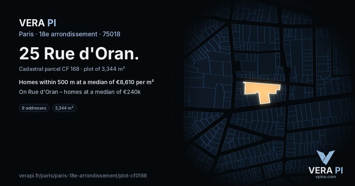 25 Rue d'Oran, 18e arrondissement at night – the plot lit, the parcels around coloured by the prices near them
