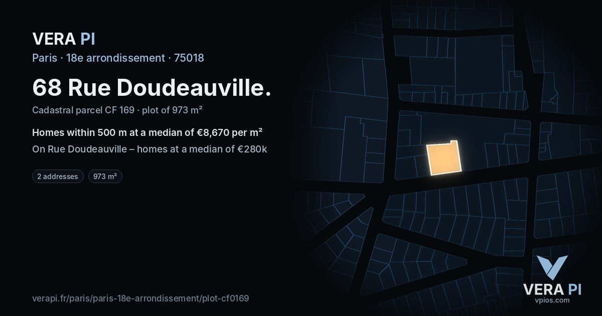 68 Rue Doudeauville, 18e arrondissement at night – the plot lit, the parcels around coloured by the prices near them