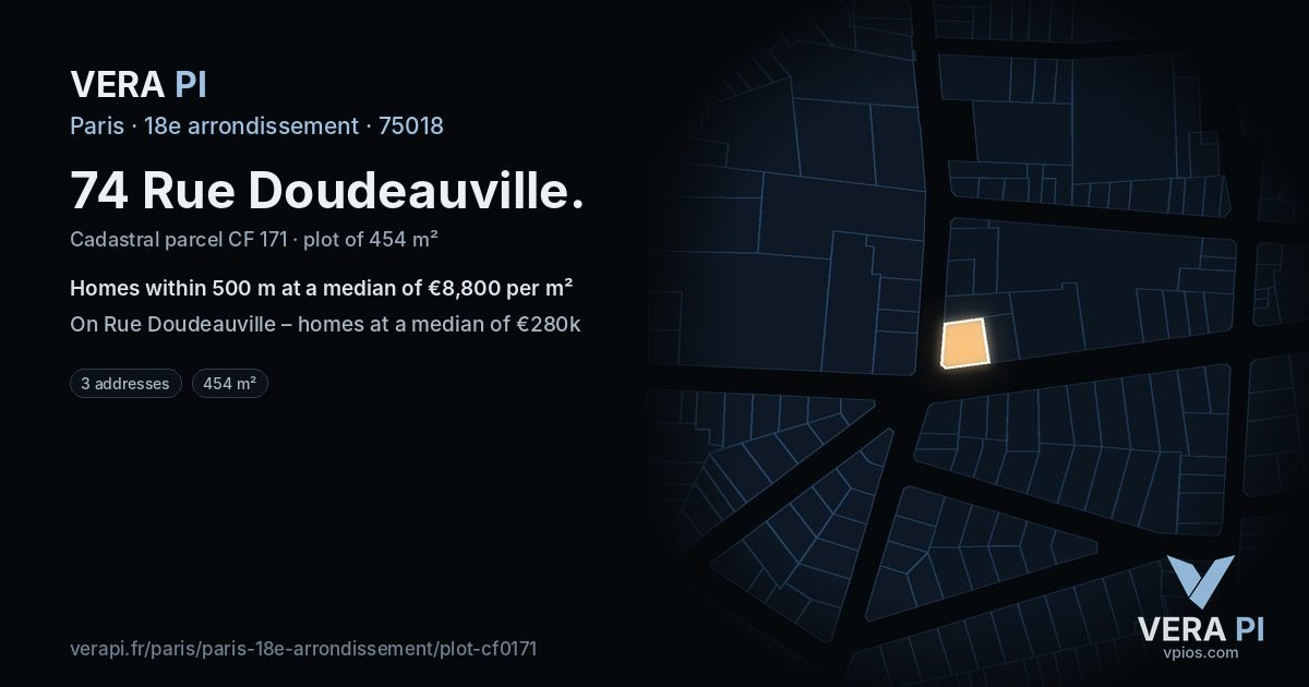 74 Rue Doudeauville, 18e arrondissement at night – the plot lit, the parcels around coloured by the prices near them