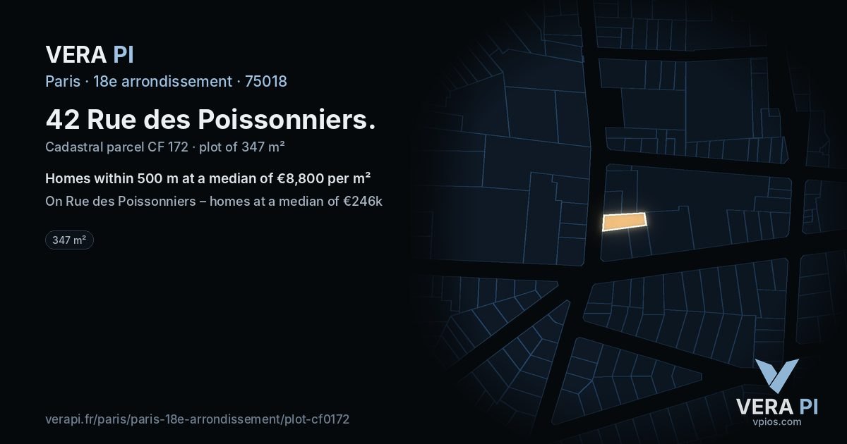 42 Rue des Poissonniers, 18e arrondissement at night – the plot lit, the parcels around coloured by the prices near them