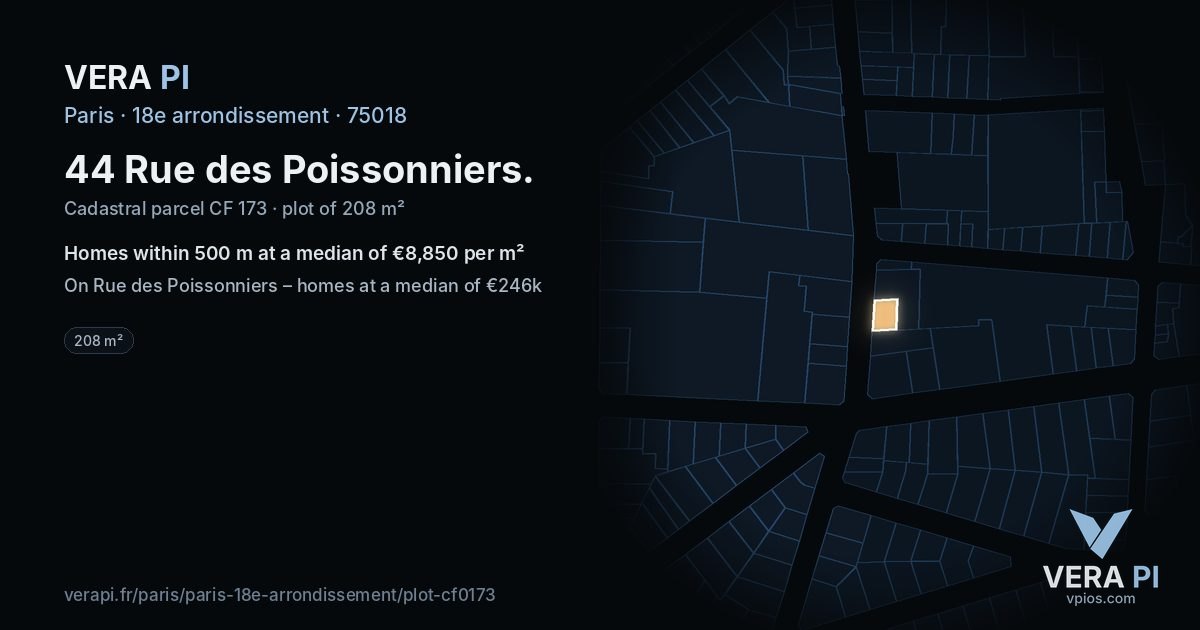 44 Rue des Poissonniers, 18e arrondissement at night – the plot lit, the parcels around coloured by the prices near them