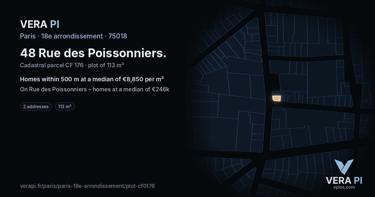 48 Rue des Poissonniers, 18e arrondissement at night – the plot lit, the parcels around coloured by the prices near them