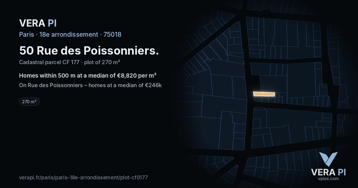 50 Rue des Poissonniers, 18e arrondissement at night – the plot lit, the parcels around coloured by the prices near them
