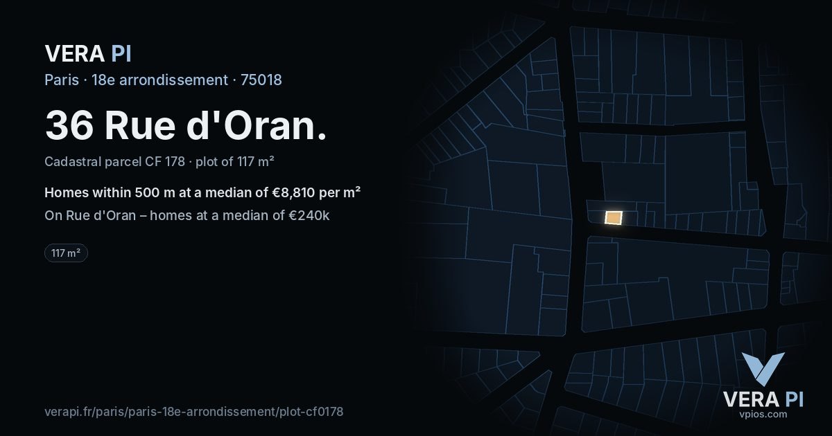 36 Rue d'Oran, 18e arrondissement at night – the plot lit, the parcels around coloured by the prices near them